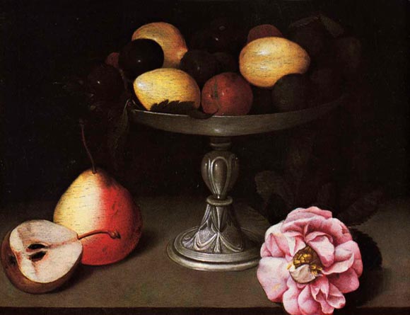 Fede Galizia, ” Natura morta con alzata di prugne, pere e una rosa”