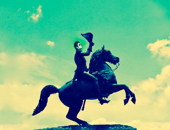 Fotomontaggio della statua equestre di Andrew Jackson a New Orleans con una fotografia di Michael Jackson.