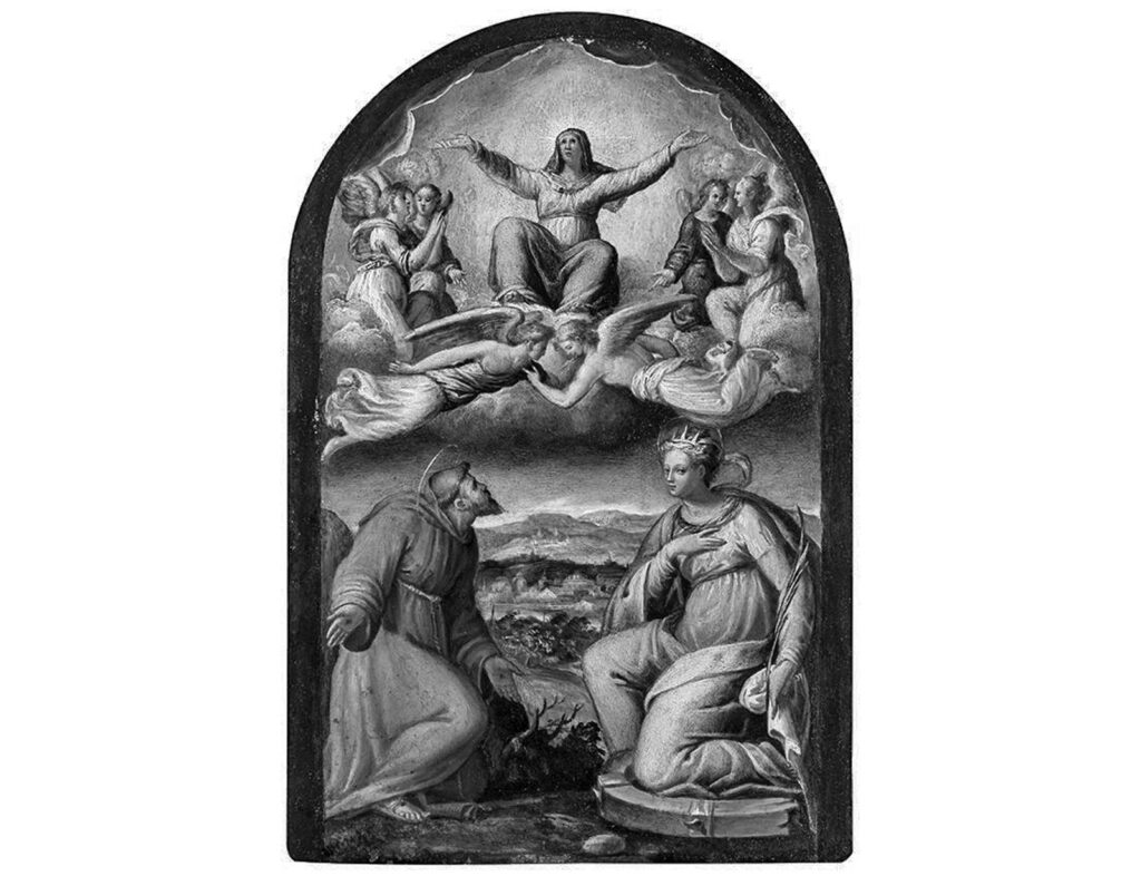 Lavinia Fontana, “La Vergine Assunta e i santi Francesco e Caterina d’Alessandria”. Olio su rame, cm 32 x 21,2.
