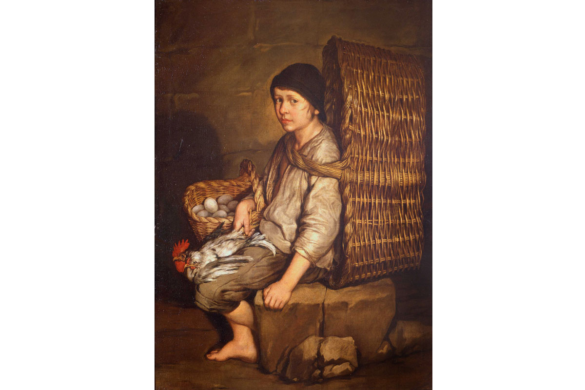 Pitocchetto (1698-1767) ” Portarolo seduto con cesta a tracolla uova e pollame” ca. 1730 - ca. 1740, pittura a olio su tela, 95 x 130 cm