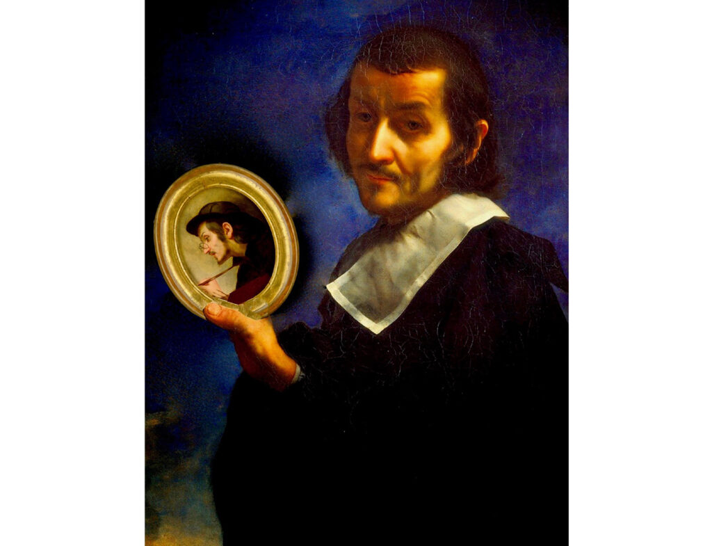 Fotomontaggio con l’Autoritratto di Carlo Dolci degli Uffizi che mostra, anziché il foglio col proprio autoritratto al cavalletto, il quadretto ovale in asta a Berlino.