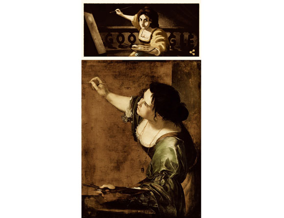 In alto il Doodle di Google; in basso: Artemisia Gentileschi, Autoritratto nelle vesti della Pittura, Royal Collection Trust. ;
