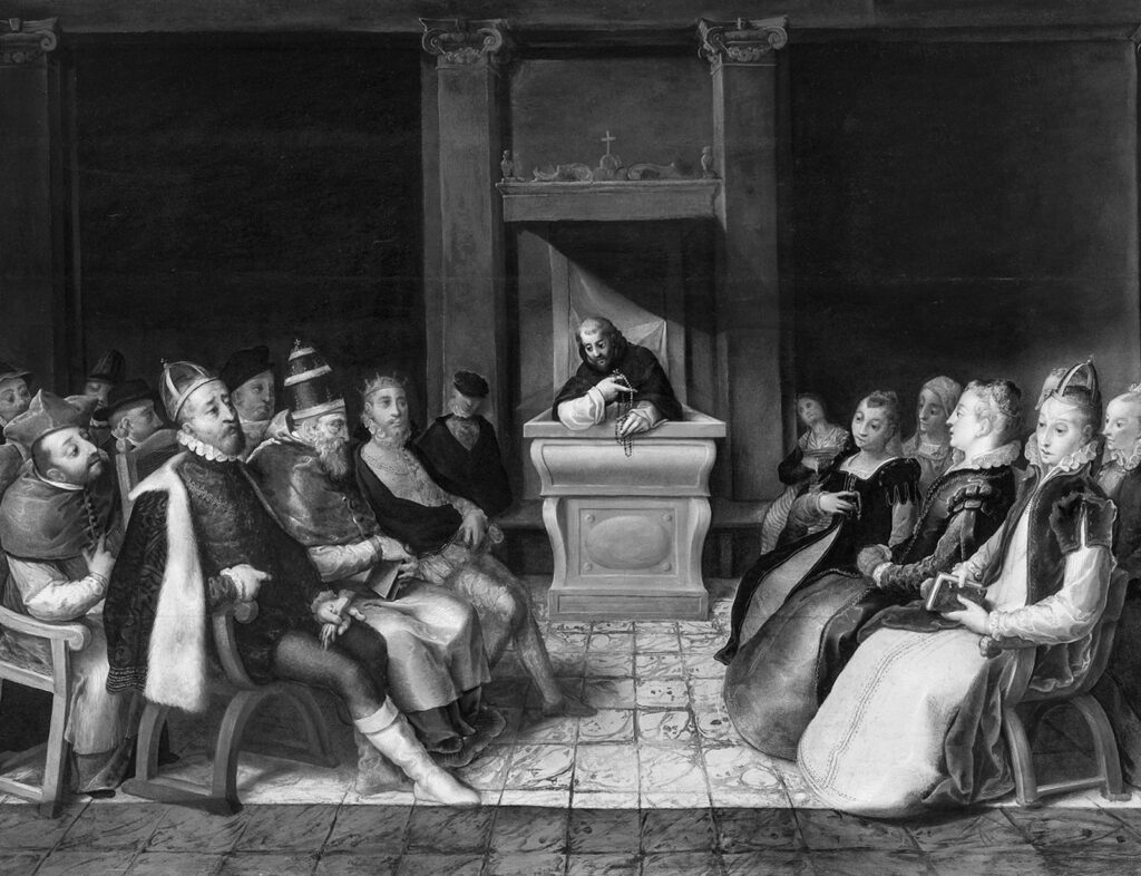 Dirk Hendricksz detto Teodoro d’Errico (1542/1544-1618) ” Predica di san Domenico”  Olio su tavola, cm 91 × 226