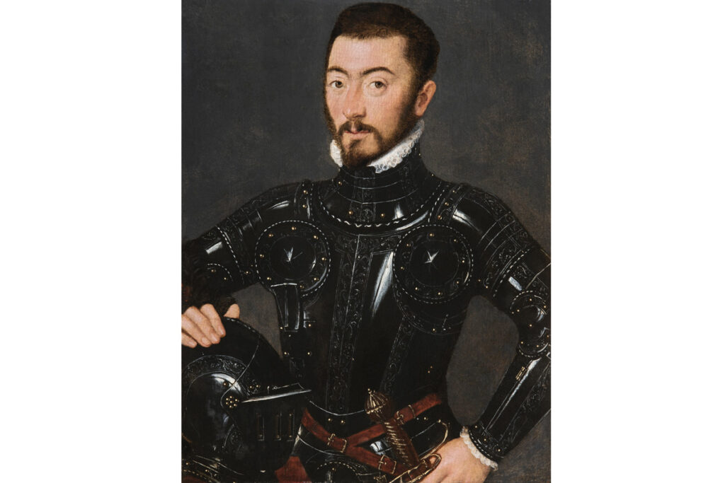Attribuito a Gillis Claeissens ” Ritratto di Uomo in Armatura Nera” , 1550-60 ca. Olio su tavola , cm 32,5x25