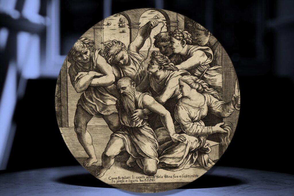 Giovanni Antonio da Brescia (Zoan Andrea)(attivo dal 1490 al 1519 circa), ” Sansone e Dalila”  (part.).  Bulino, diametro mm 240. Londra, The British Museum, Inv. 1925,1215.104.
