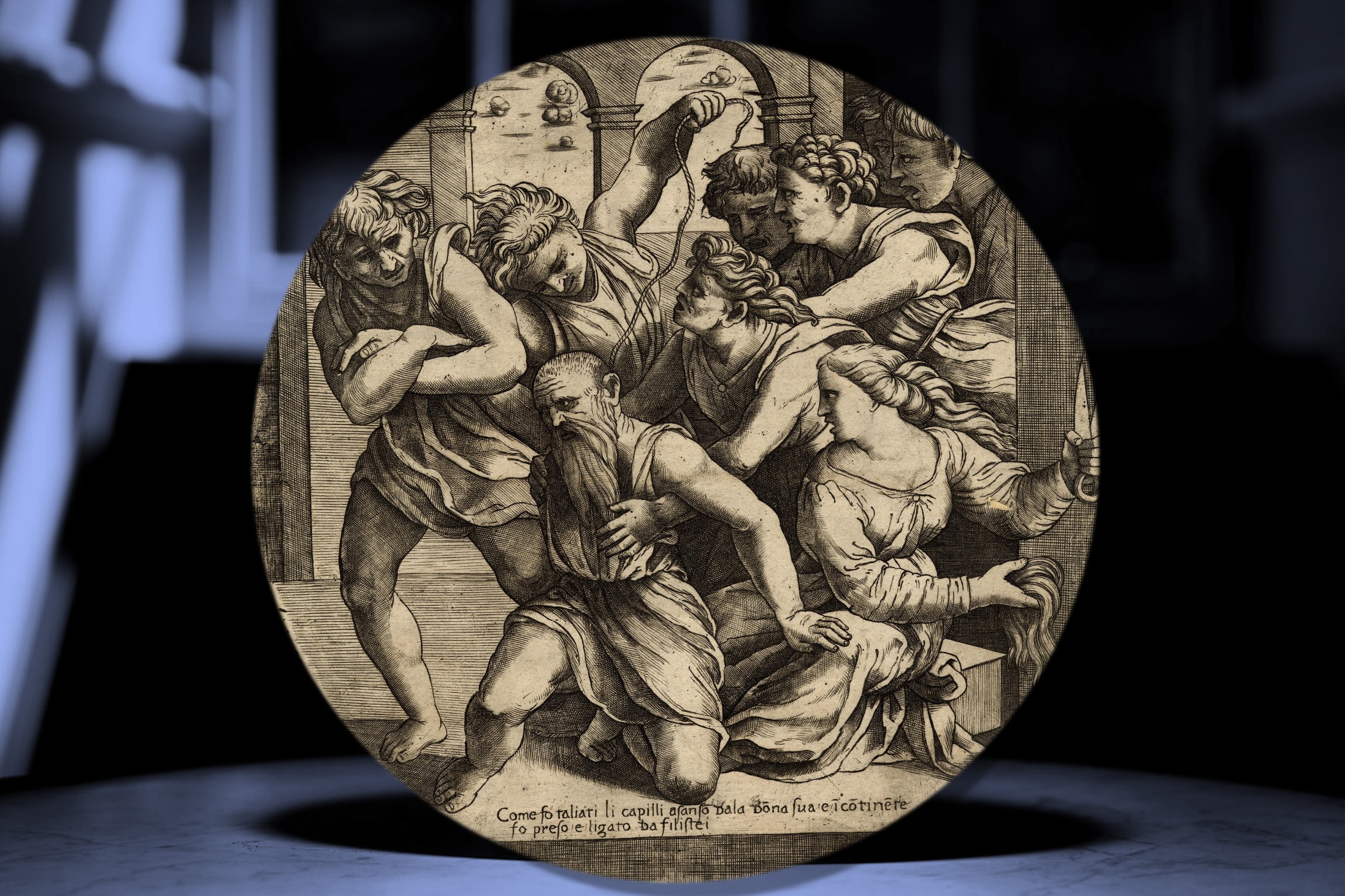 Giovanni Antonio da Brescia (Zoan Andrea)(attivo dal 1490 al 1519 circa), ” Sansone e Dalila” (part.). Bulino, diametro mm 240. Londra, The British Museum, Inv. 1925,1215.104.