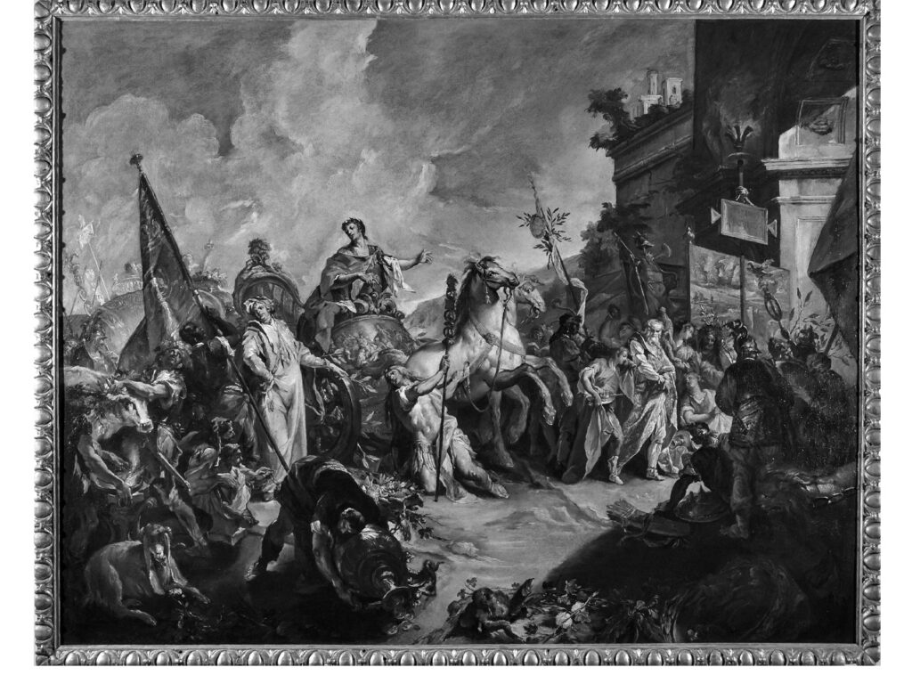 ANTONIO GUARDI (Vienna, 1699 - Venezia 1760), ” Il trionfo di Scipione”  (Trionfo di un condottiero romano). Olio su tela, cm 155,5x202,5, in cornice coeva