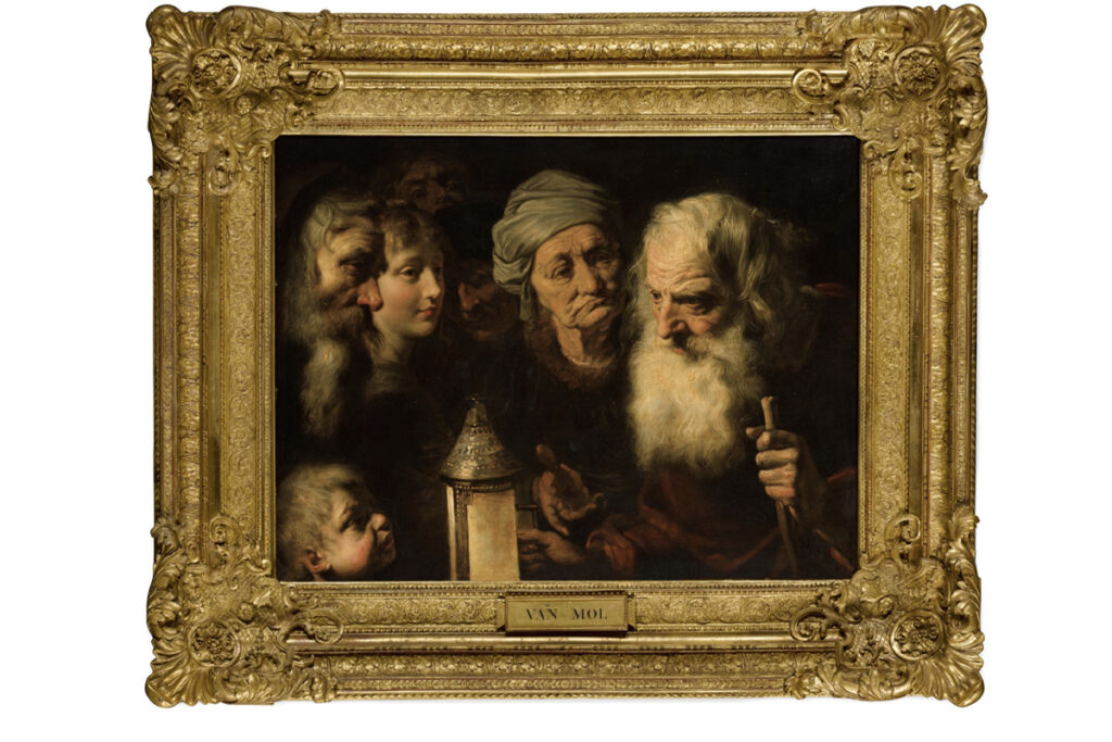 Pieter van Mol (Anversa 1599 - Parigi 1650)  ” Diogene con la sua lanterna in cerca di un uomo onesto” , olio su tavola, 65x84,6 cm (97,8 x116,8 cm con cornice).