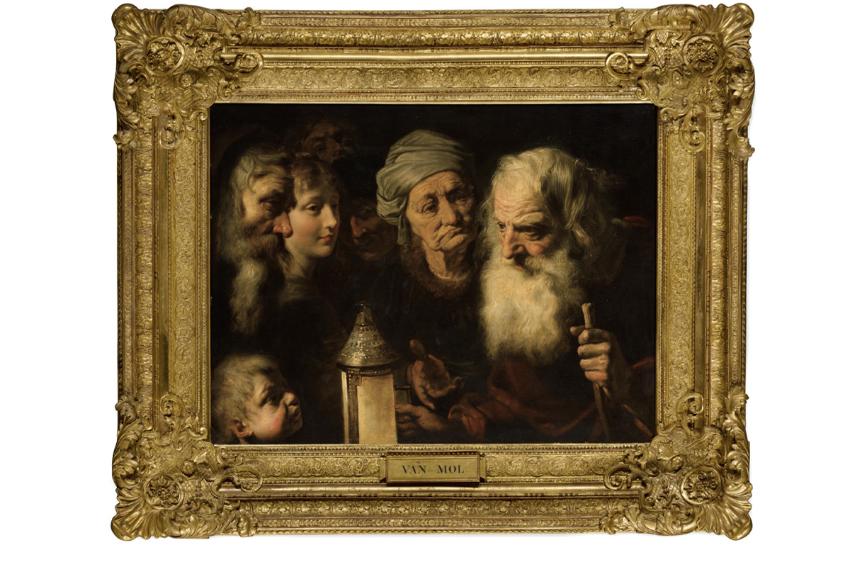 Pieter van Mol (Anversa 1599 - Parigi 1650) ” Diogene con la sua lanterna in cerca di un uomo onesto” , olio su tavola, 65x84,6 cm (97,8 x116,8 cm con cornice).