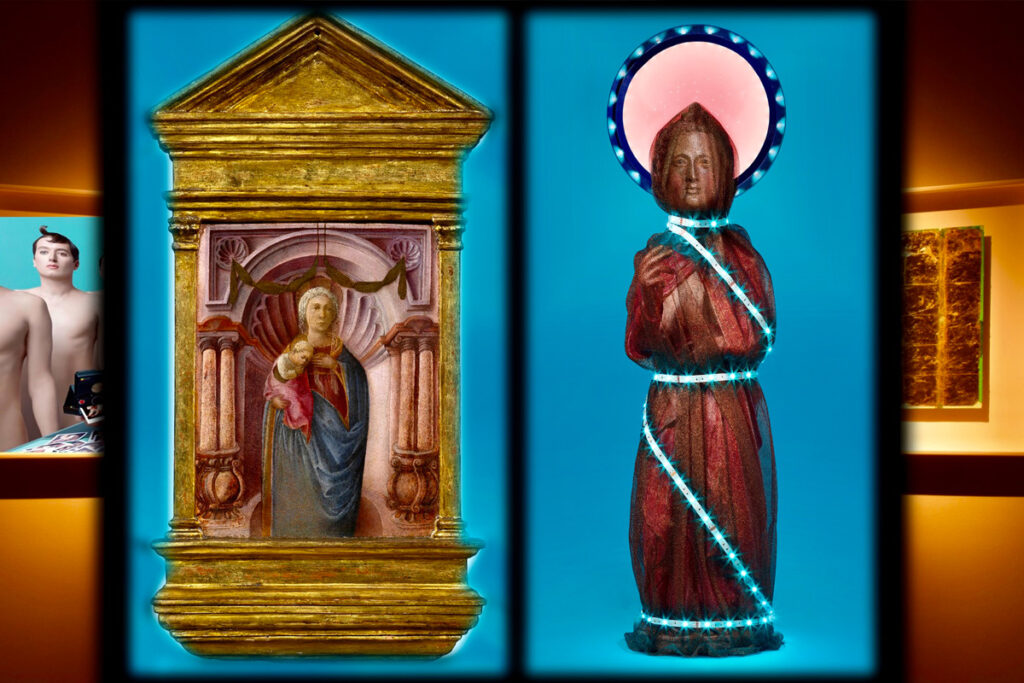 Da sinistra a destra, opere di Monica Silva, Filippo Lippi, Monica Silva (su Madonna lignea senese della fine del XIVo secolo), Antonello Viola.