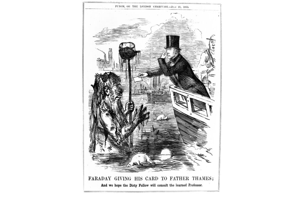Michael Faraday dà il suo biglietto da visita al Padre Tamigi (Father Thames), caricatura riferita ad una lettera di Faraday sullo stato del fiume, pubblicata sul giornale The Times nel luglio 1855